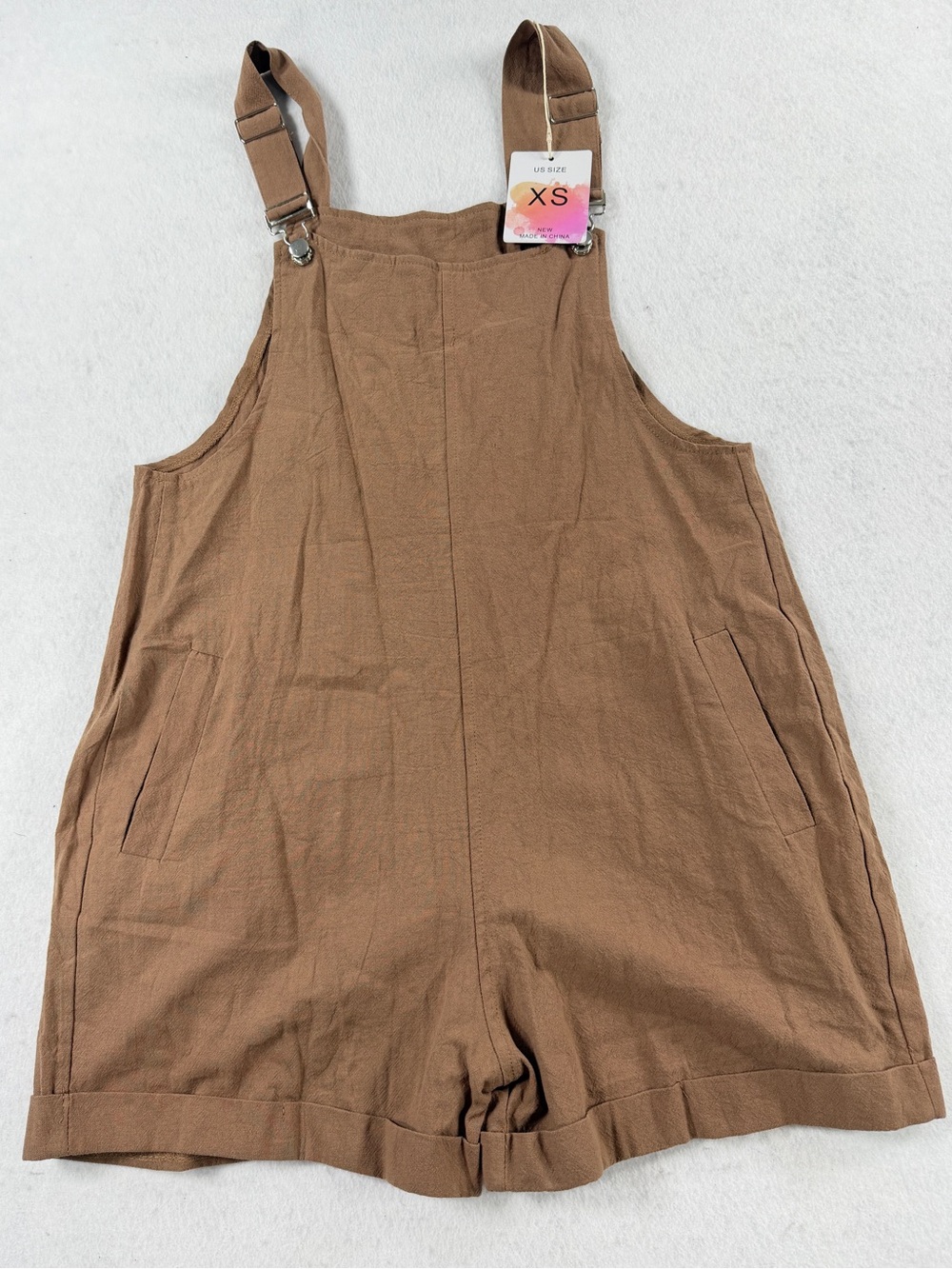 Fashion Brown Cotton Linen Blend Overall Shorts Romper XS
